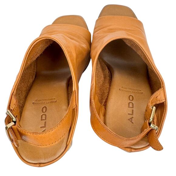 Aldo Tan Leather Open Toe Block High Heel Slingback Sandals Sz 6.5 Comfort Soft - Picture 7 of 14